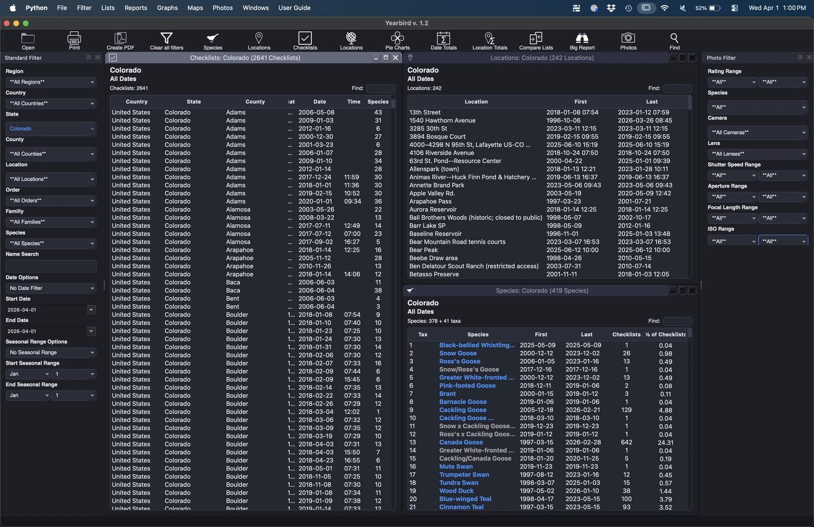 Yearbirder species list with sortable columns and media icons