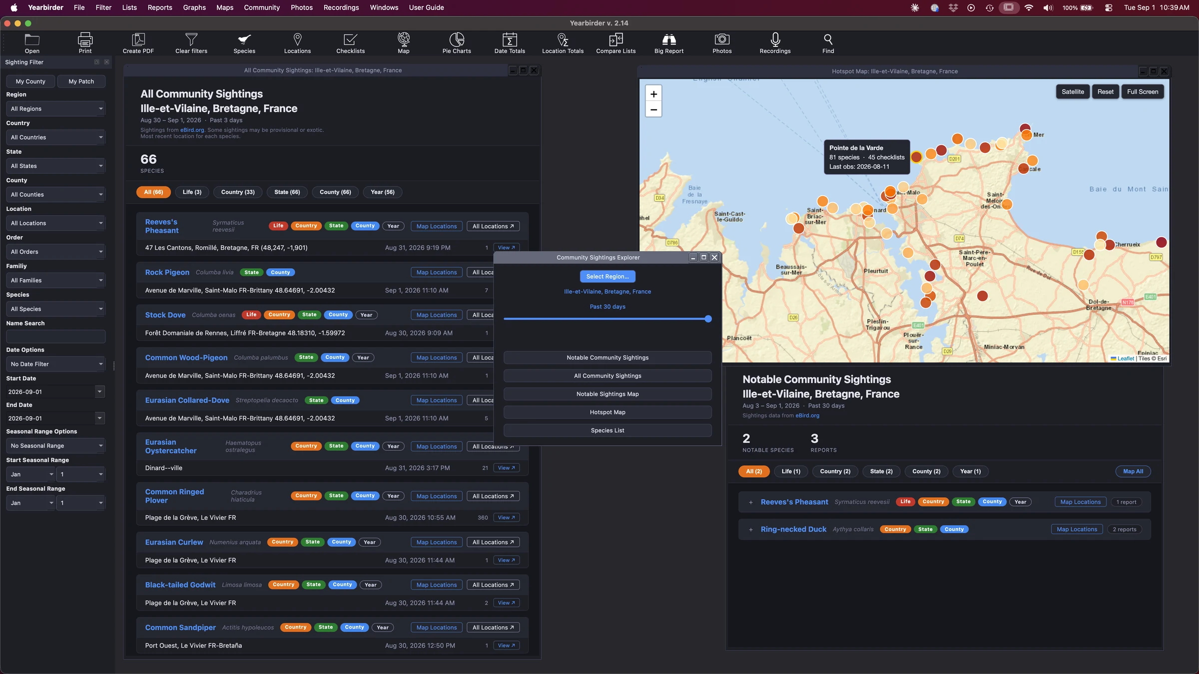 Four Yearbirder community windows open at once: the All Community Sightings report with Life, Country, State and County badges, a Hotspot Map showing a hotspot tooltip, the Community Sightings Explorer, and the Notable Community Sightings report