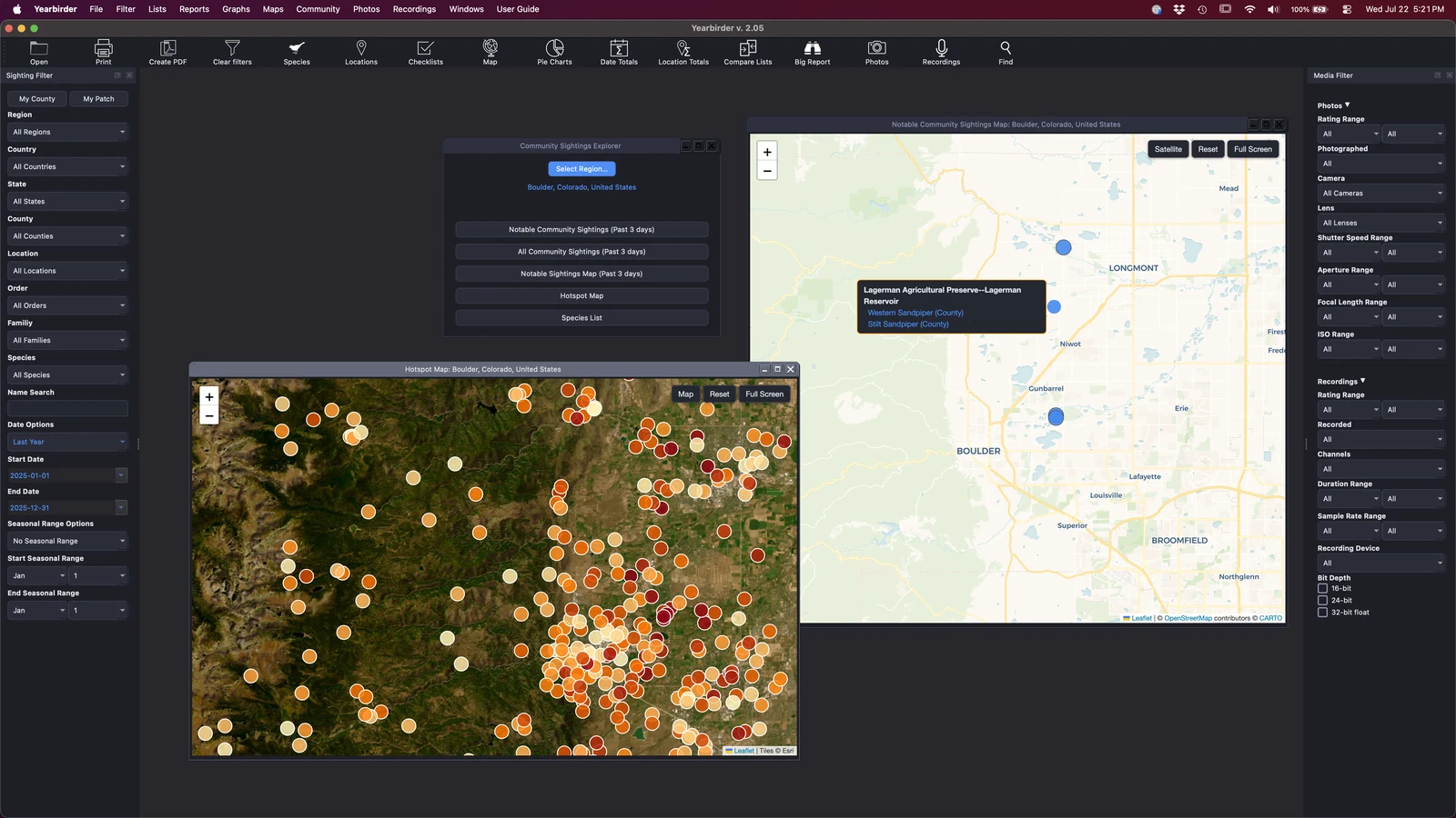 Yearbirder community sightings map with color-coded pins