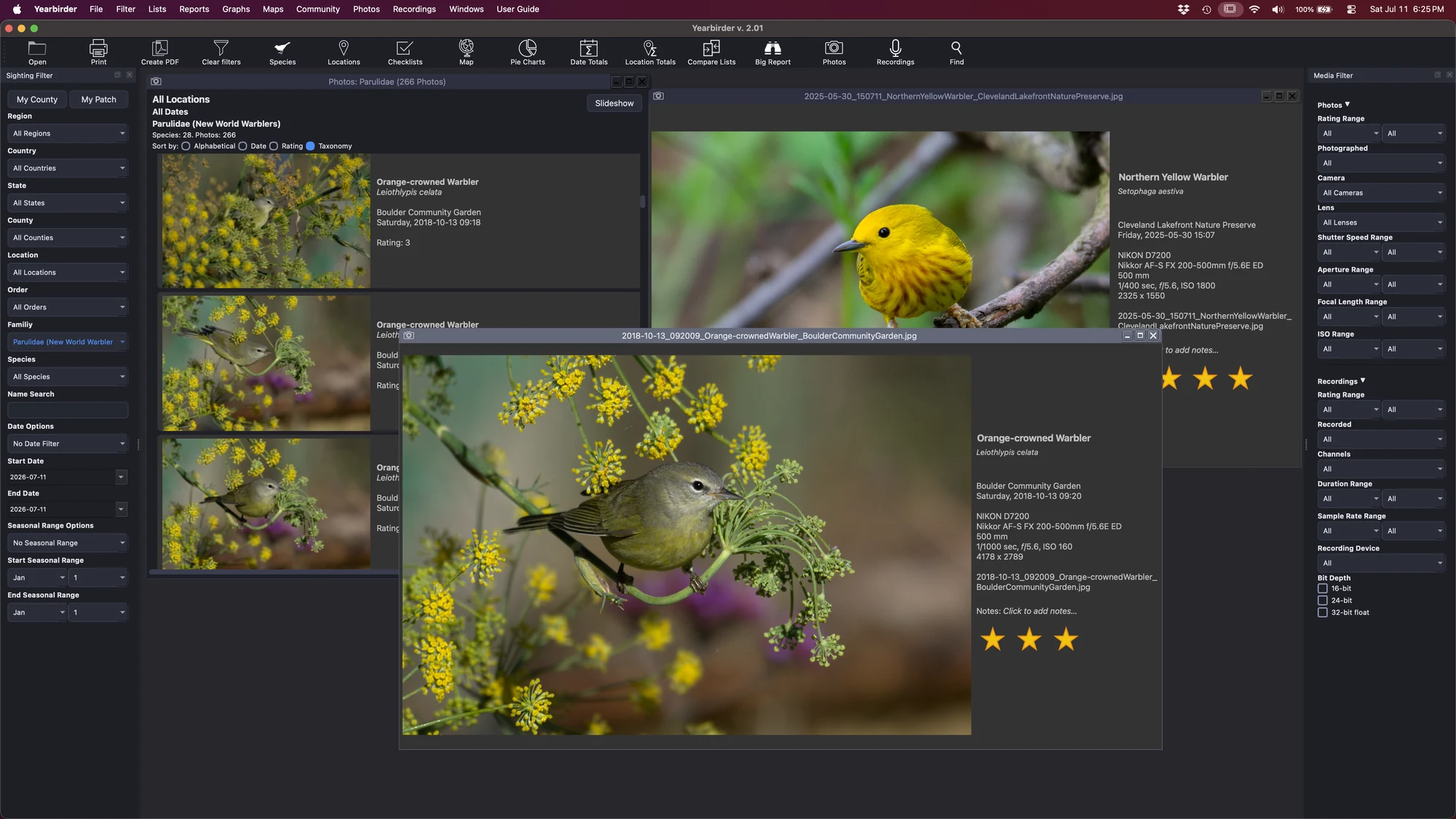 Yearbirder Photos browser showing a grid of rated bird photo thumbnails