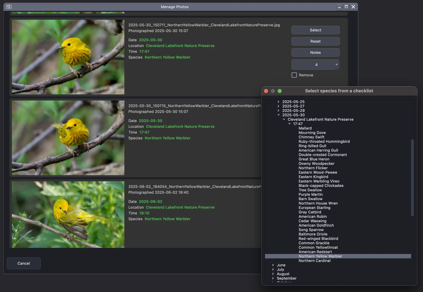 Yearbirder Add Photos screen matching photos to checklists and species