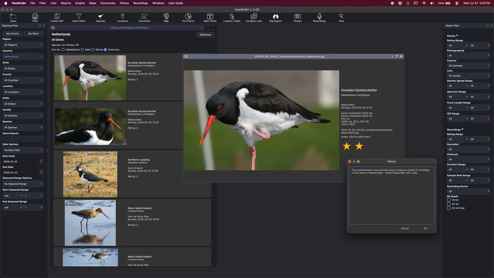 Yearbirder photo enlargement view with details pane