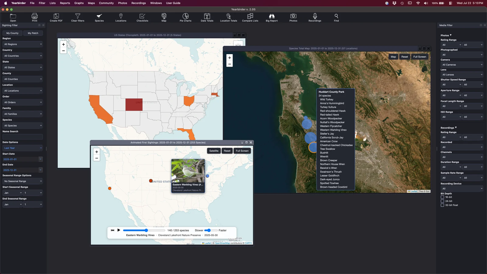 Yearbirder geolocated photos map with thumbnail preview pins