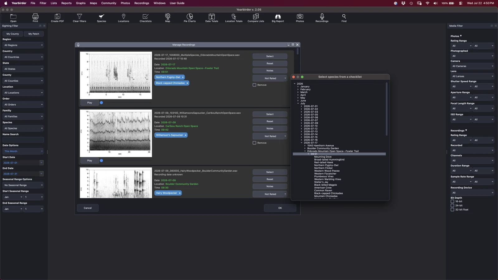 Yearbirder Add Recordings screen matching WAV files to checklists and species