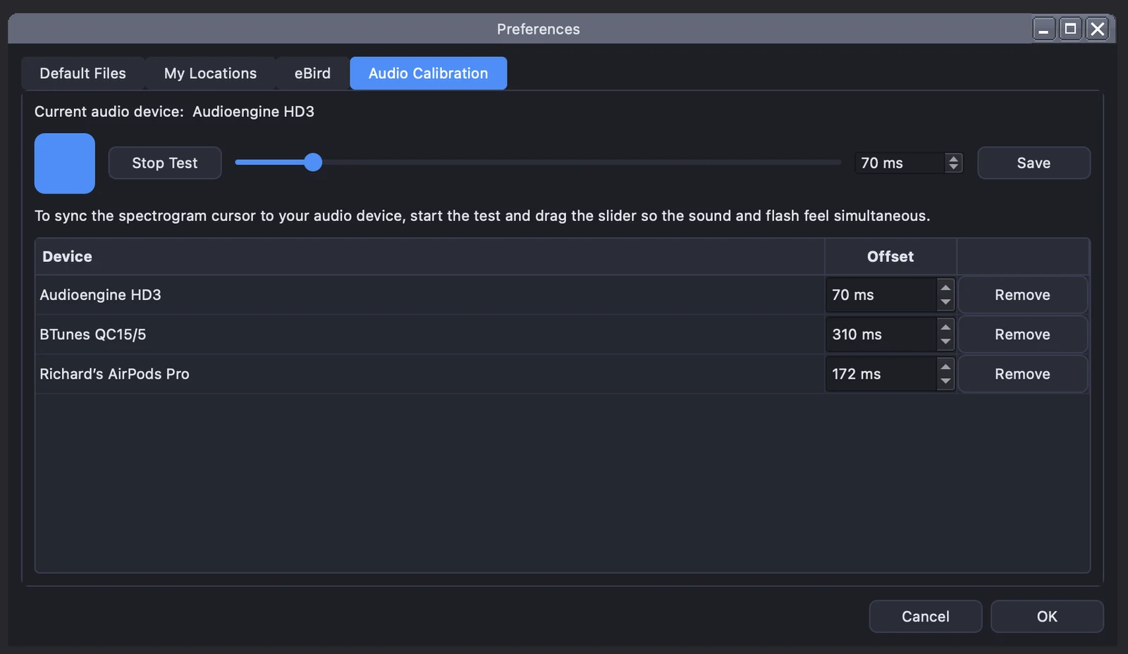 Yearbirder audio sync calibration screen